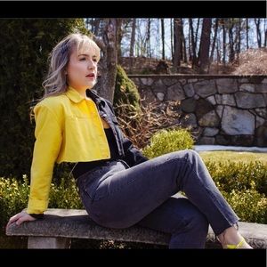 Black and yellow crop denim jacket